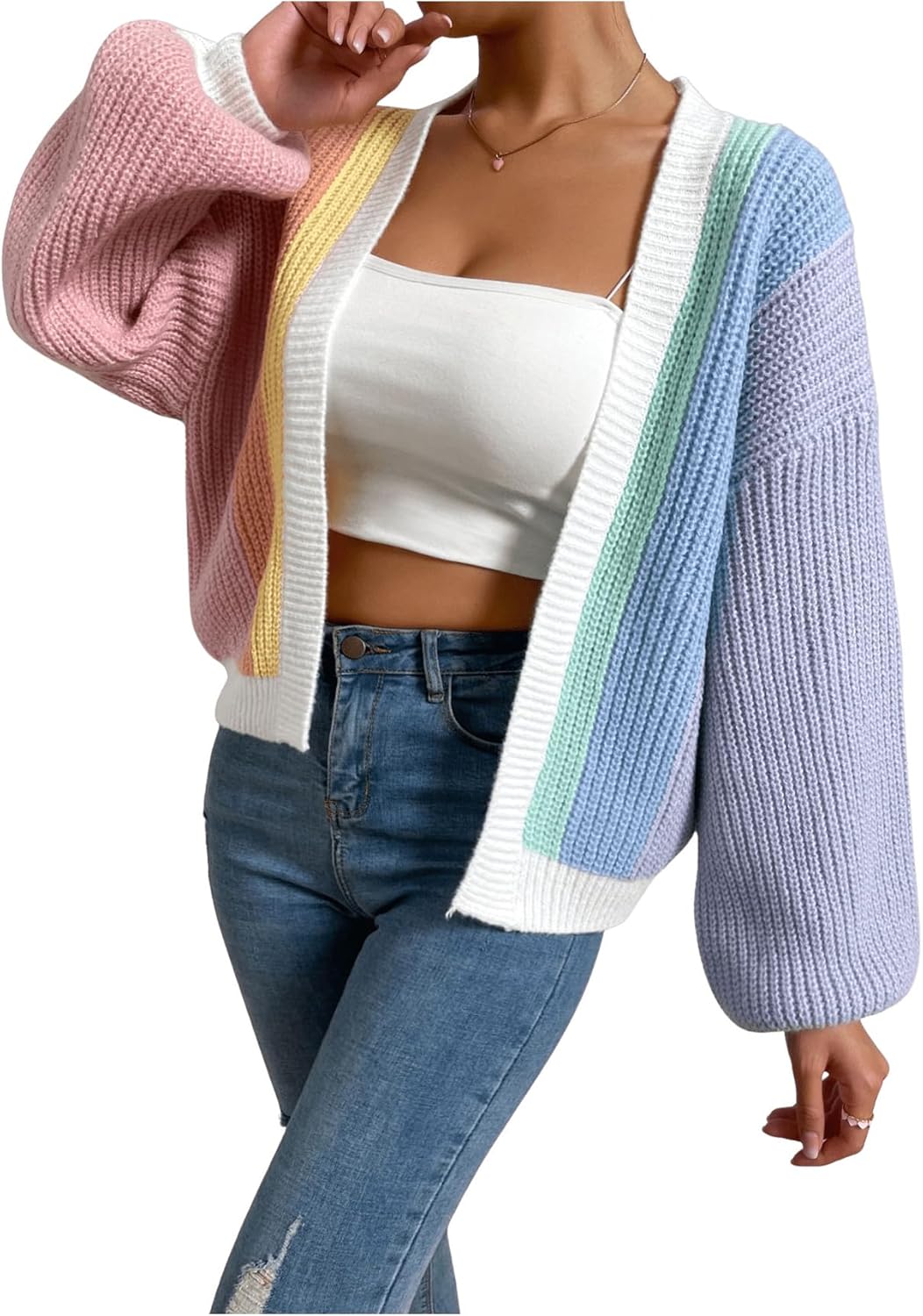 Women's Color Block Open Front Long Sleeve Ribbed Knit Cropped Cardigan Sweaters Medium Multicolor