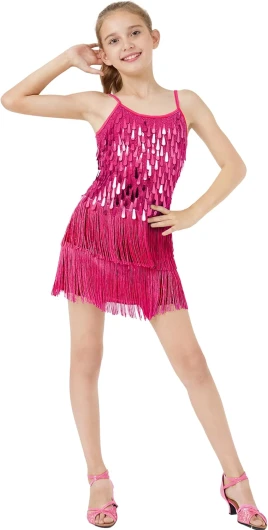 2Pcs Girls Sequin Fringe Dress, Salsa Cha Cha Tassel Latin Dance Dress & Shorts, Adjustable Spaghetti Strap 5-13 Yrs Rosepink 10-11 Years