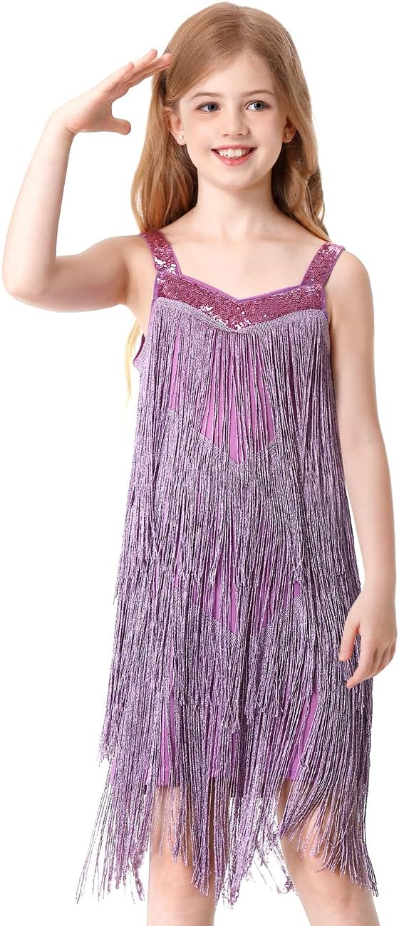 Kids Sequin Fringe Dress Sparkling Tassel Sleeveless Latin Dance Dress Salsa Dancewear Dancer Outfits for Girls Small Purple