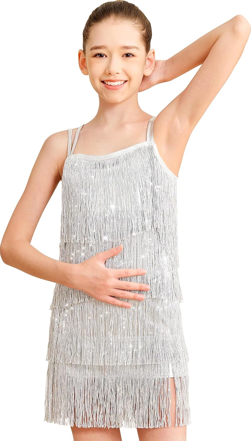 Girls Latin Tassel Dance Dress Sequin Fringe Skirt Sparkly Camisole Dancewear 6-7 Years Silver