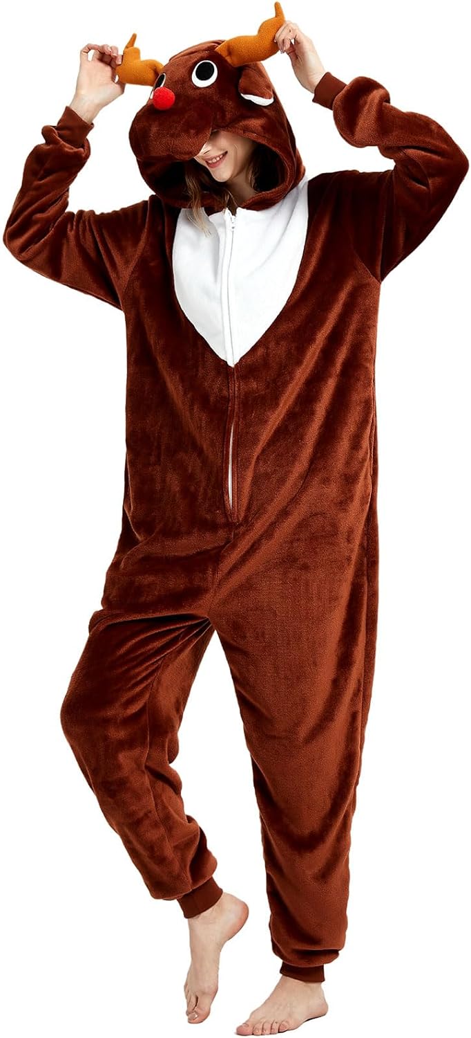 Snug Fit Adult Unisex Onesie Cosplay Costume，One Piece Pajama Halloween Homewear Suit for Women and Men X-Large Reindeer
