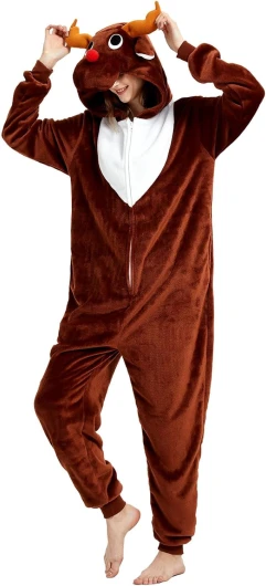 Snug Fit Adult Unisex Onesie Cosplay Costume,One Piece Pajama Halloween Homewear Suit for Women and Men X-Large Reindeer