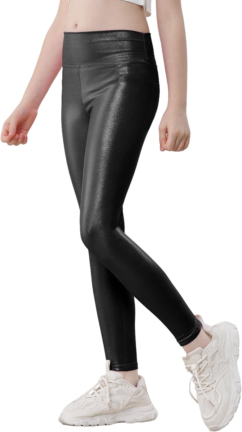 Girls Metallic Leggings High Waisted Sparkly Yoga Pants Shiny Running Dance Tights for Kids Youth Teen, 2 Pack Black 13-14 Years