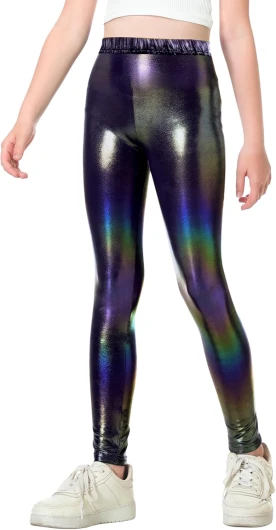 Girls Metallic Leggings Stretch Comfort Shiny Mystique Dance Pants for Toddler Kids Teen Yoga Party Workout Holographic Black 7-8 Years