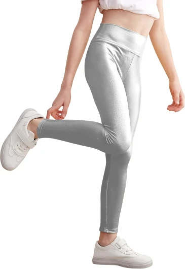 Girls Metallic Leggings High Waisted Kids Yoga Pants Stretch Shiny Running Dance Tights for Teen School Workout 8-9 Years Shiny Silver
