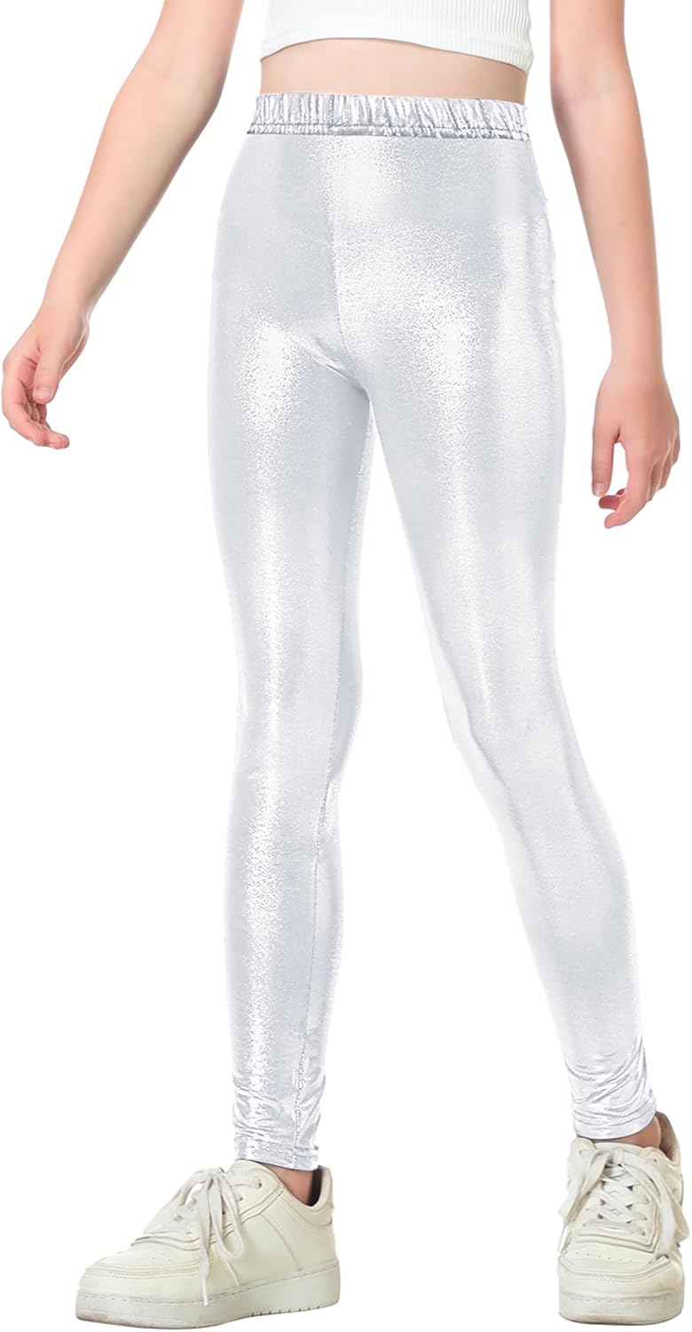 Girls Metallic Leggings Stretch Comfort Shiny Mystique Dance Pants for Toddler Kids Teen Yoga Party Workout Shiny Silver 7-8 Years