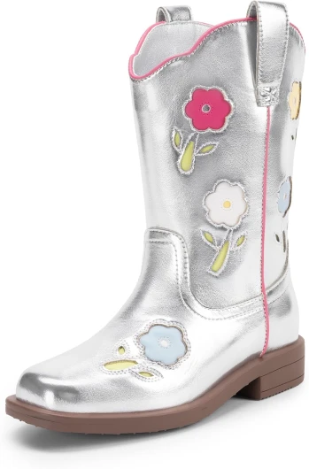 Girls Cowgirl Boots Kids Mid Calf Western Boots Flower Cowboy Boots Square Toe Riding Shoes for Toddler/Little Kid/Big Kid 10 Toddler Silver