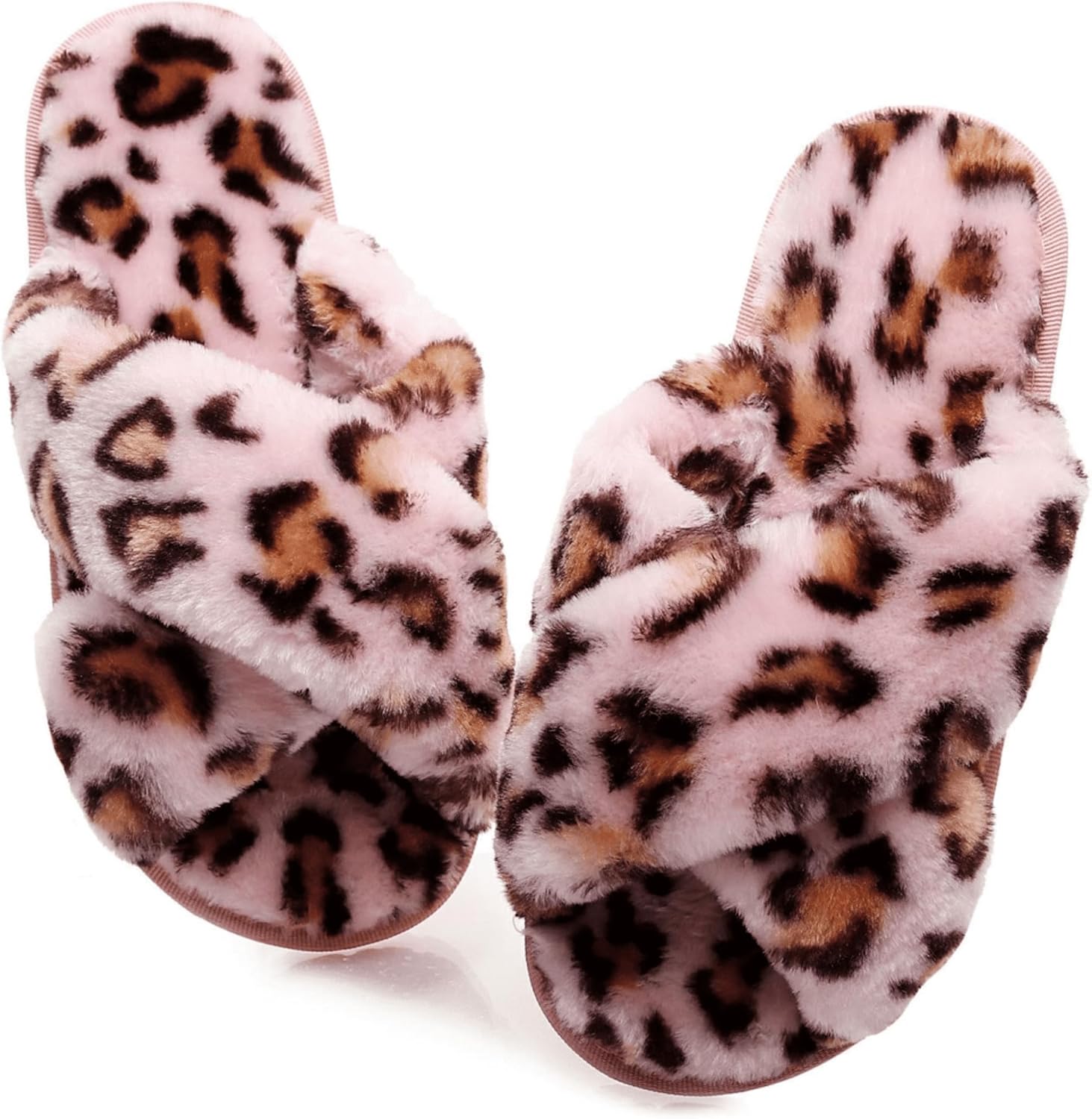 Women's Fuzzy Fluffy House Slippers Cute Plush Memory Foam Shoes Cross Band Indoor Outdoor Open Toe Sandals 7-8 Leopard Pink