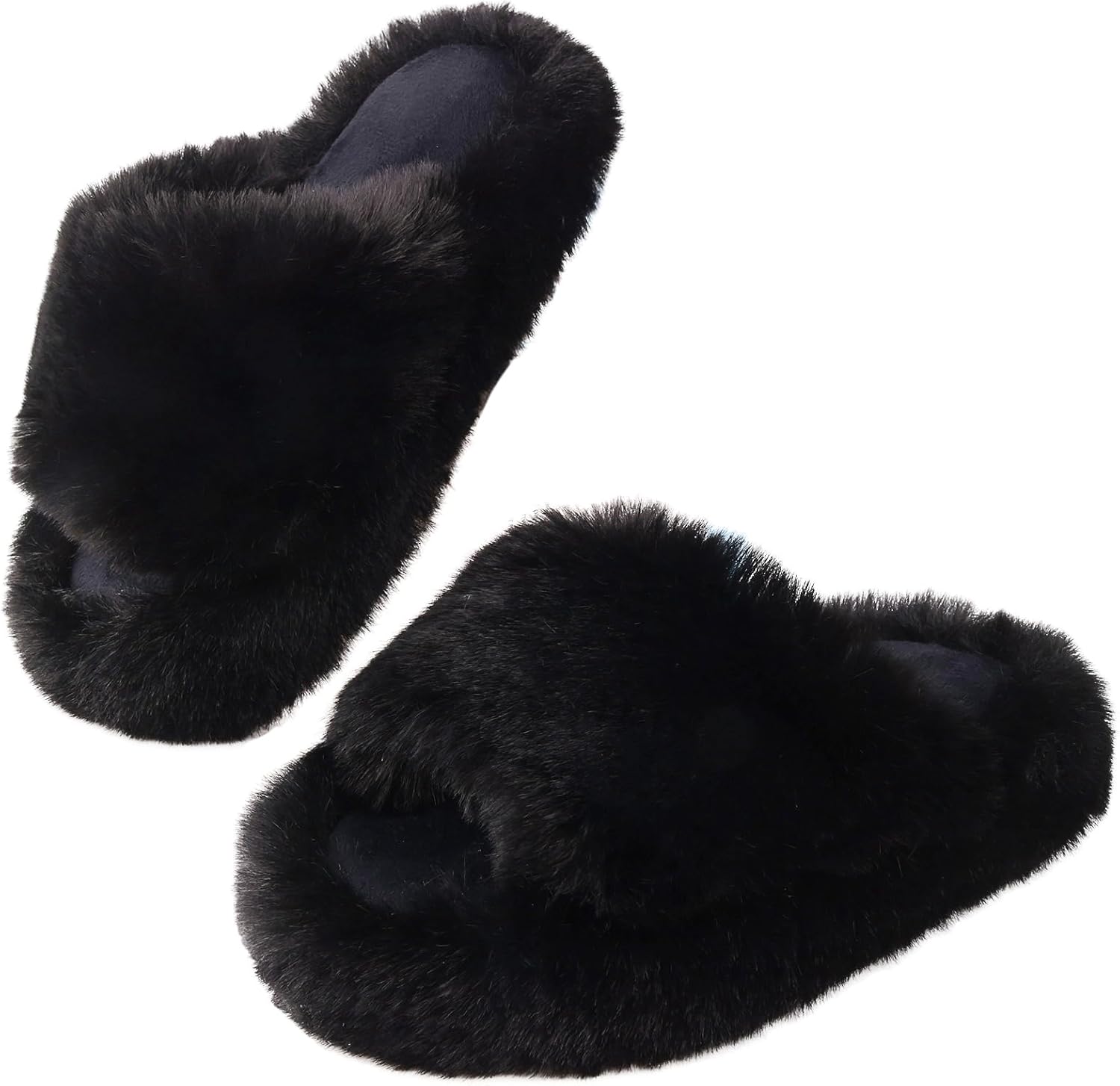 Girls Fuzzy Memory Foam Slippers Comfy丨Kids Fluffy Plush Open Toe House Slippers丨Slip On Furry Home Slides丨Indoor Outdoor Fur Flip Flop Black 4 Big Kid