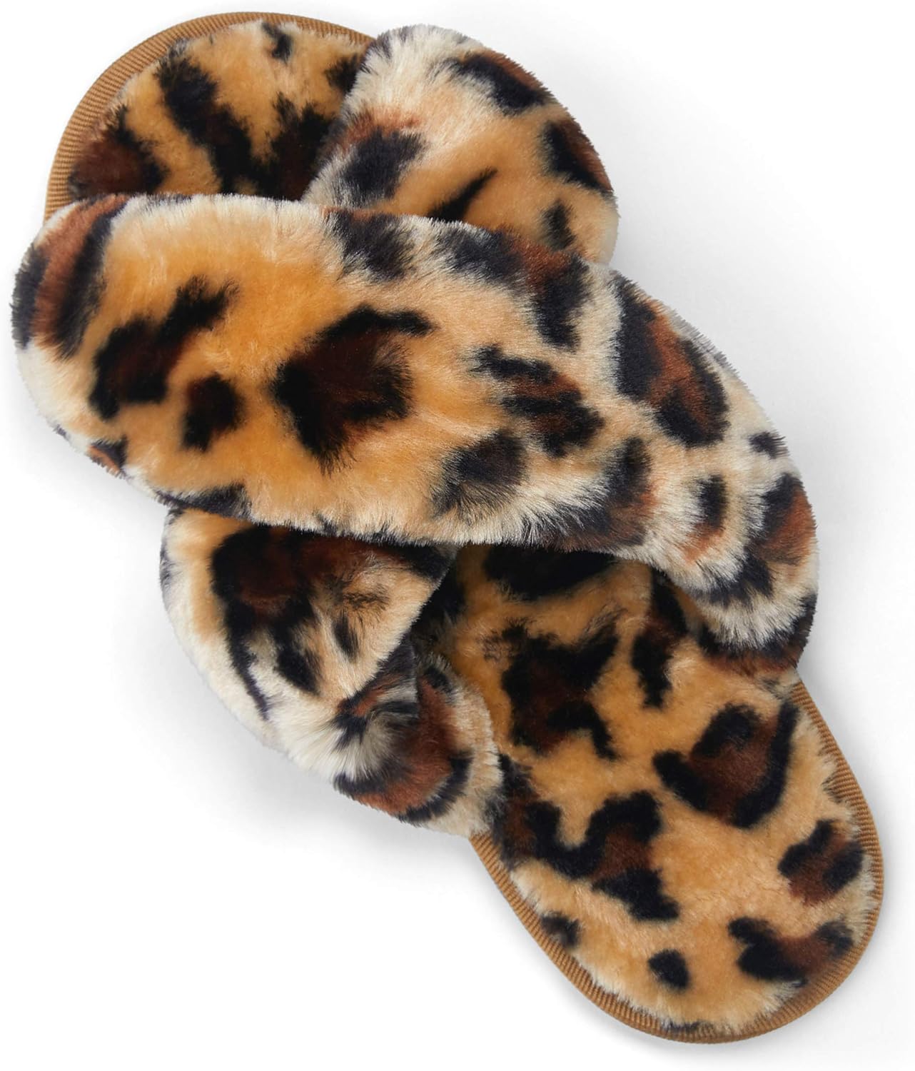 Women's 801 Cross Band Slippers, Soft Plush Furry Open Toe Fur Slides, Fuzzy Fluffy Slip on House Shoes Indoor Outdoor Slippers 6-7 Cross Band-801-leopard