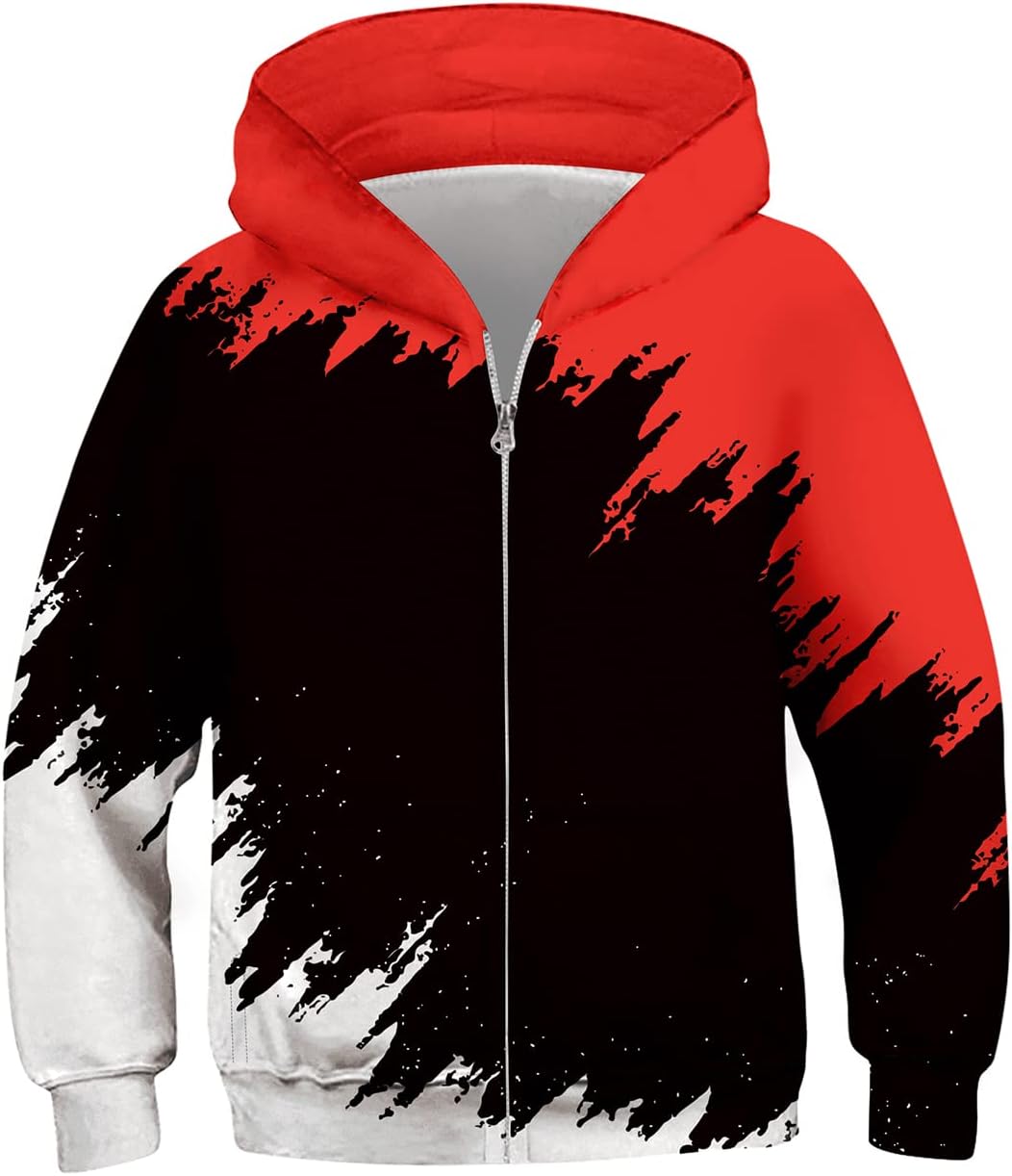 Kids Boys Girls Zip Up Hoodie 3D Printed Hooded Sweatshirt Hoody Coat with Pocket 6-14 Years 12-14 Years A2-black Red