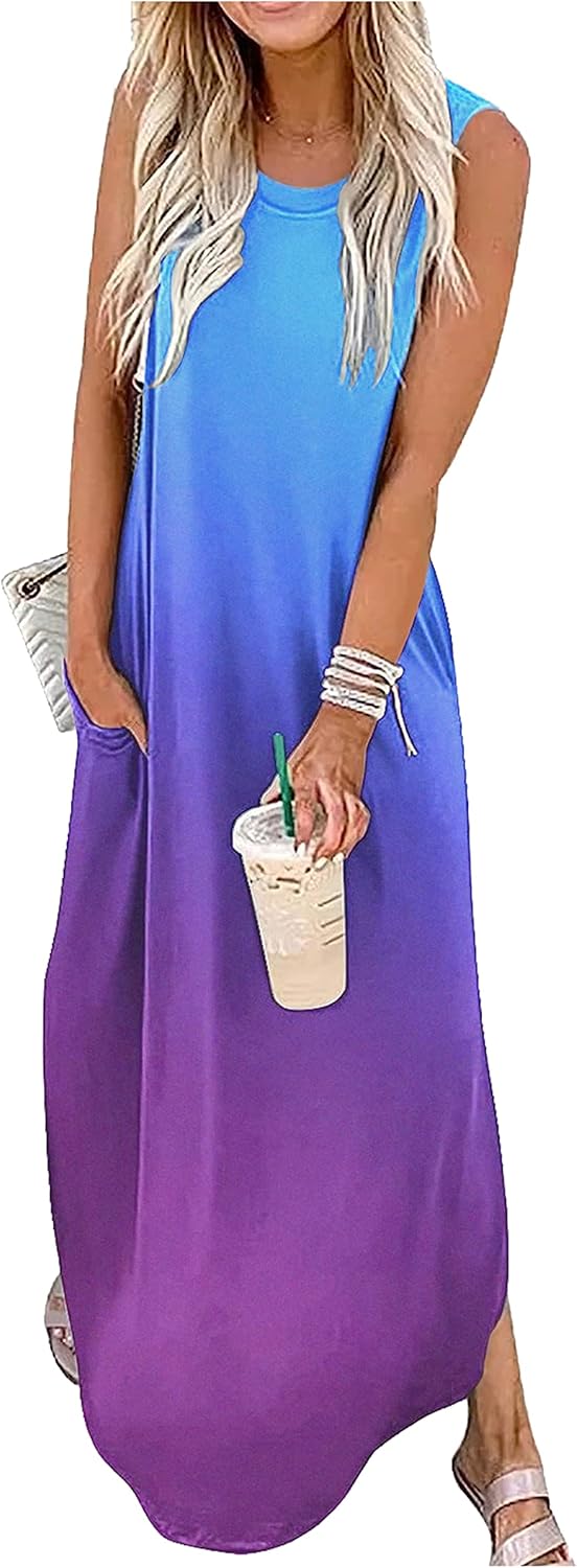 Summer Dresses for Women 2025 Beach Vacation Dress Boho Floral Sundresses Ladies Tropical Pockets Maxi Dress Medium Gradient - 9