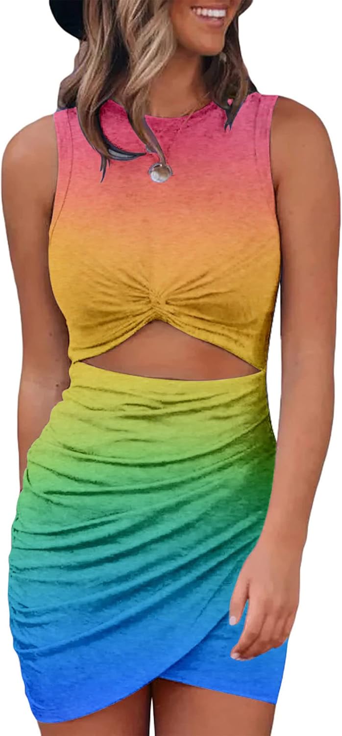 Women 2025 Summer Sleeveless Casual Crewneck Bodycon Tank Dress Cutout Twist Slim Wrap Club Party Evening Dresses Tie Dye Pink Blue Large