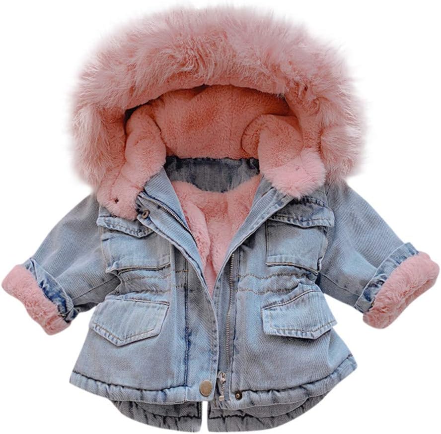 Girls Denim Jacket Warm Winter Faux Fur Hooded Coat Fleece Lined Jackets Coats Baby Toddler Kids Denim Out Outerwear 4-5T Pink