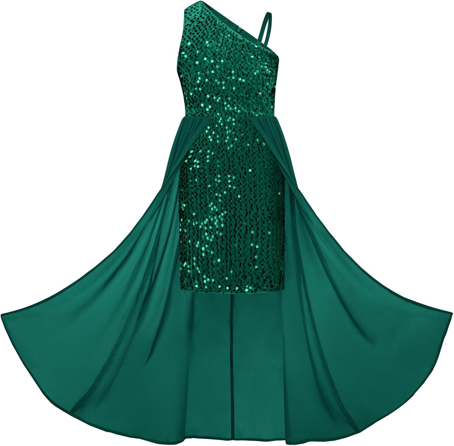 Girls Sequin Dress One Sleeve Formal Pageant Prom Party Dresses Size 5-14 8-10 Years Green