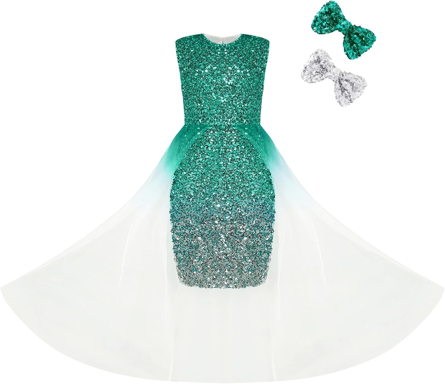 Girls Bodycon Sequin Dress Sparkle Prom Pageant with Mesh Overlay Sleeveless Dresses Formal Dance for Kids 6-14Y Crewneck 10 Years Green Silver Gradient-crewneck
