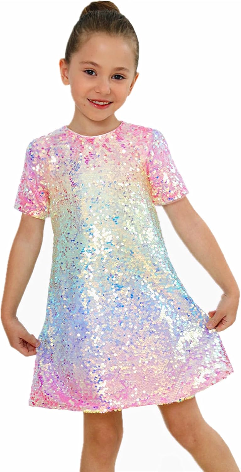 Girl Toddler Ombre Pastel Gradient Shimmer Sparkle Colorful Sequin Birthday Dress 7-8 Years Short Sleeve