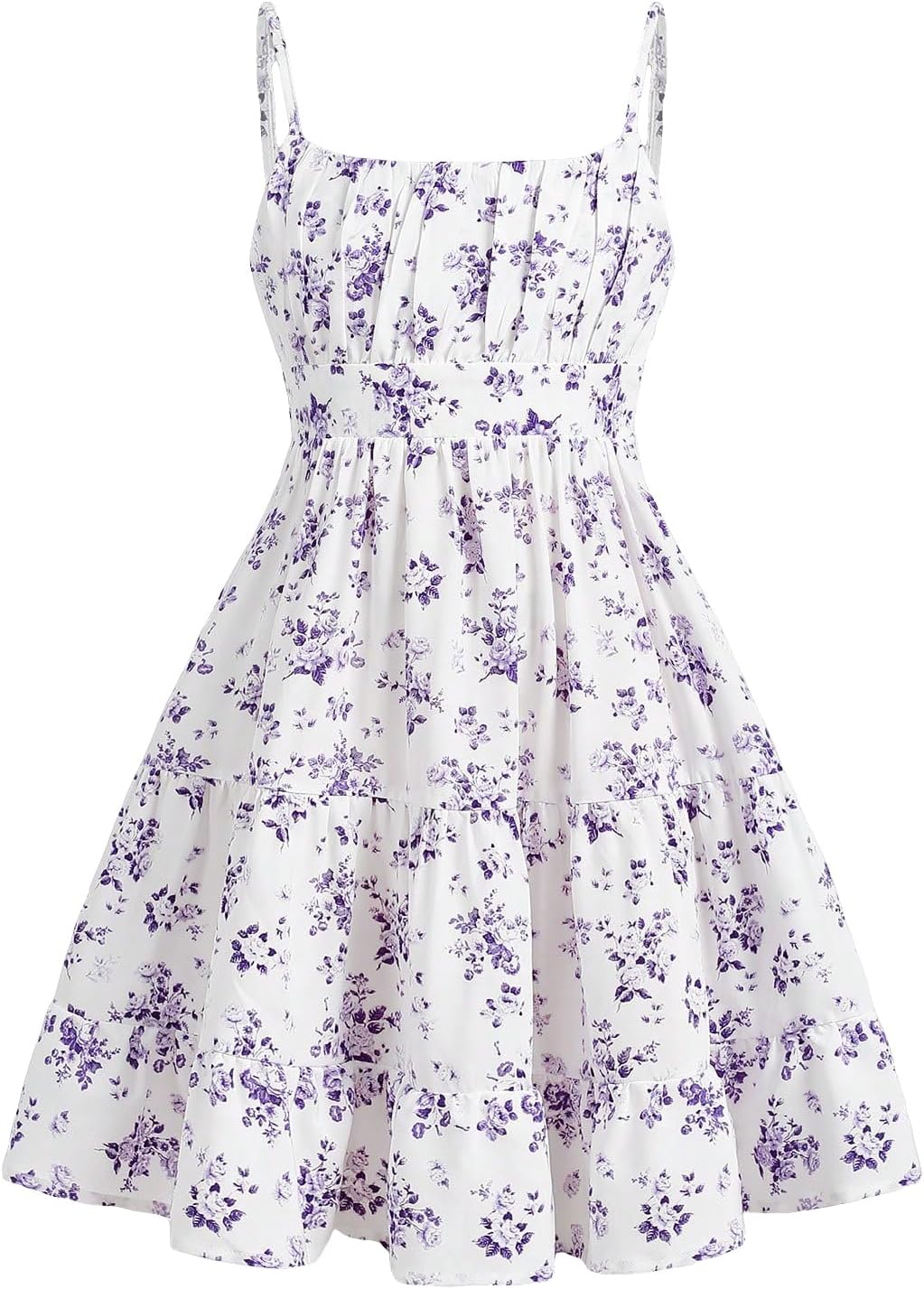 Girl's Floral Print Sleeveless Ruched Ruffle Hem A Line Cami Short Dress 12 Years Lilac Purple
