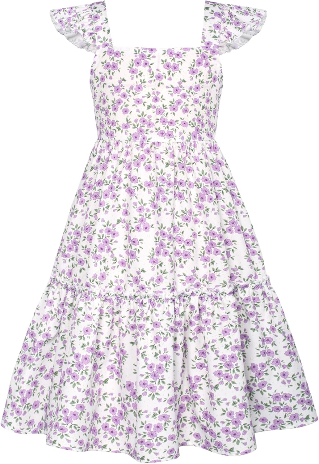 Girls Floral Dress Tie Back Flutter Sleeves Casual Summer Dress for 5-12Y 7 Years Purple Floral