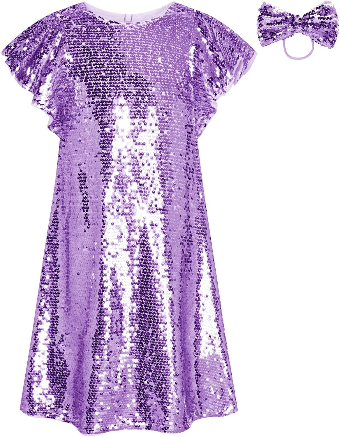 Girls Flutter Sleeve Sequin Dresses Kids Crew Neck Sparkly Fancy Formal Party Dress with Hairbow 5-12 Years Purple 10-12 Years
