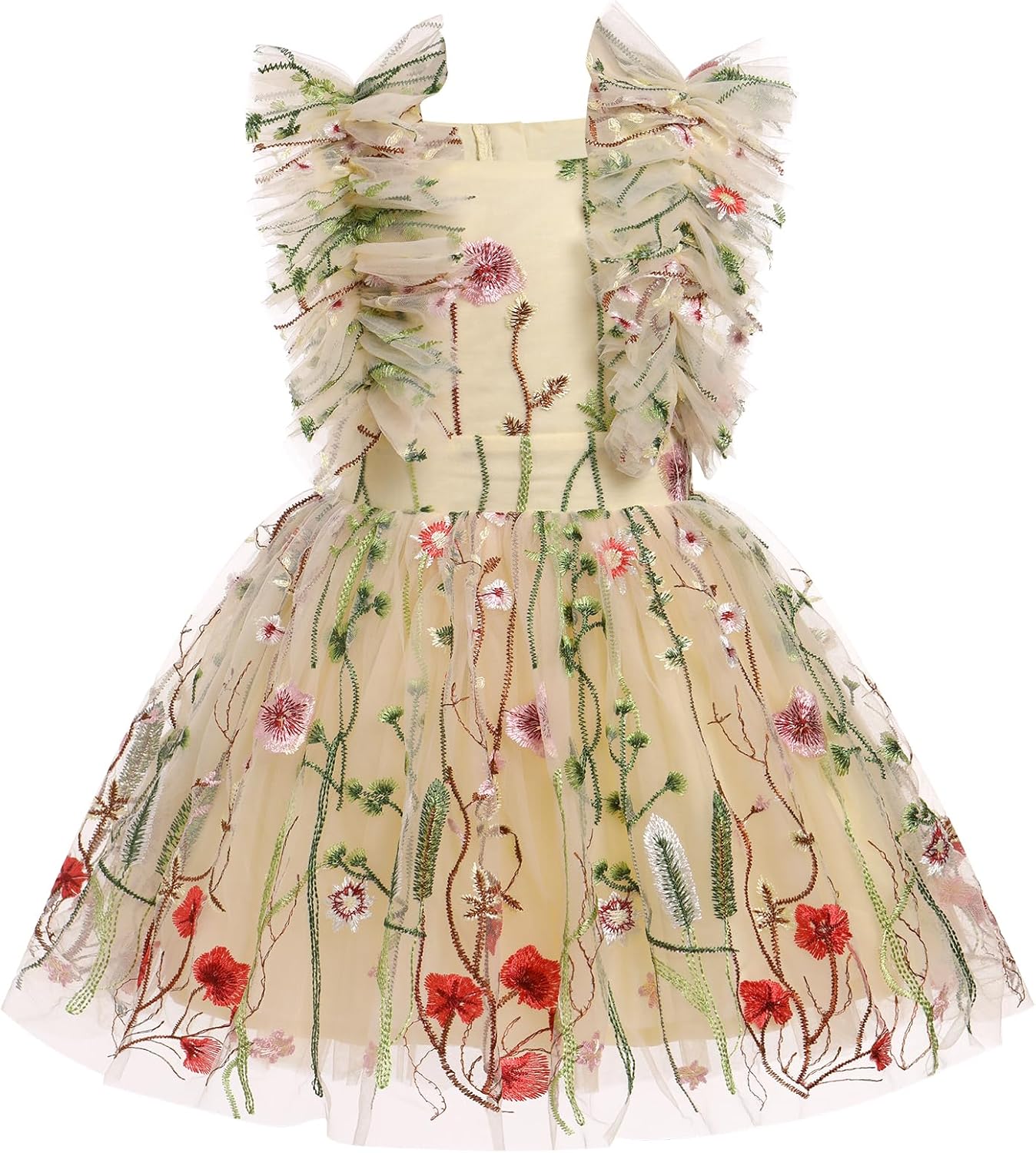 Girls Birthday Party Dress Butterfly Daisy Polka Dots Embroidery Princess Tulle Wedding Pageant Evening Gown Beige 7-8 Years