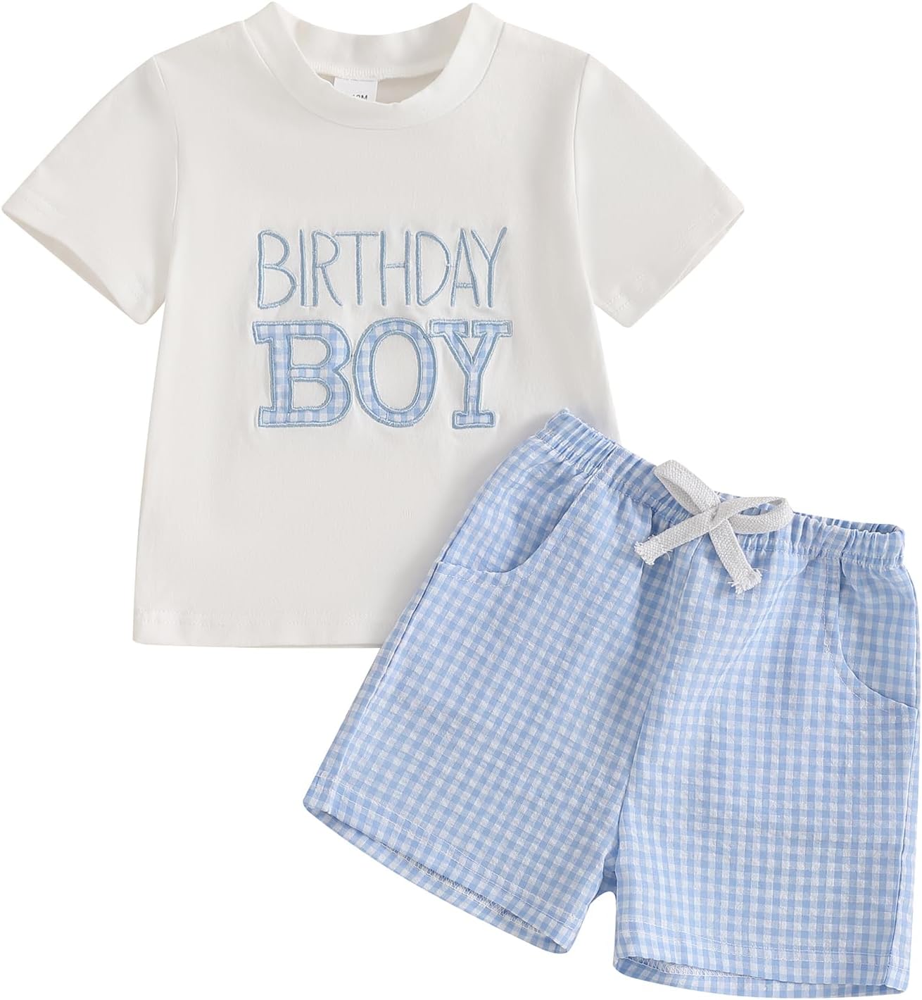 Toddler Baby Boy Girl First Birthday Outfit Short Sleeve Shirt Plaid Shorts Sets Summer Birthday Clothes 2Pcs A-white Blue 12-18 Months