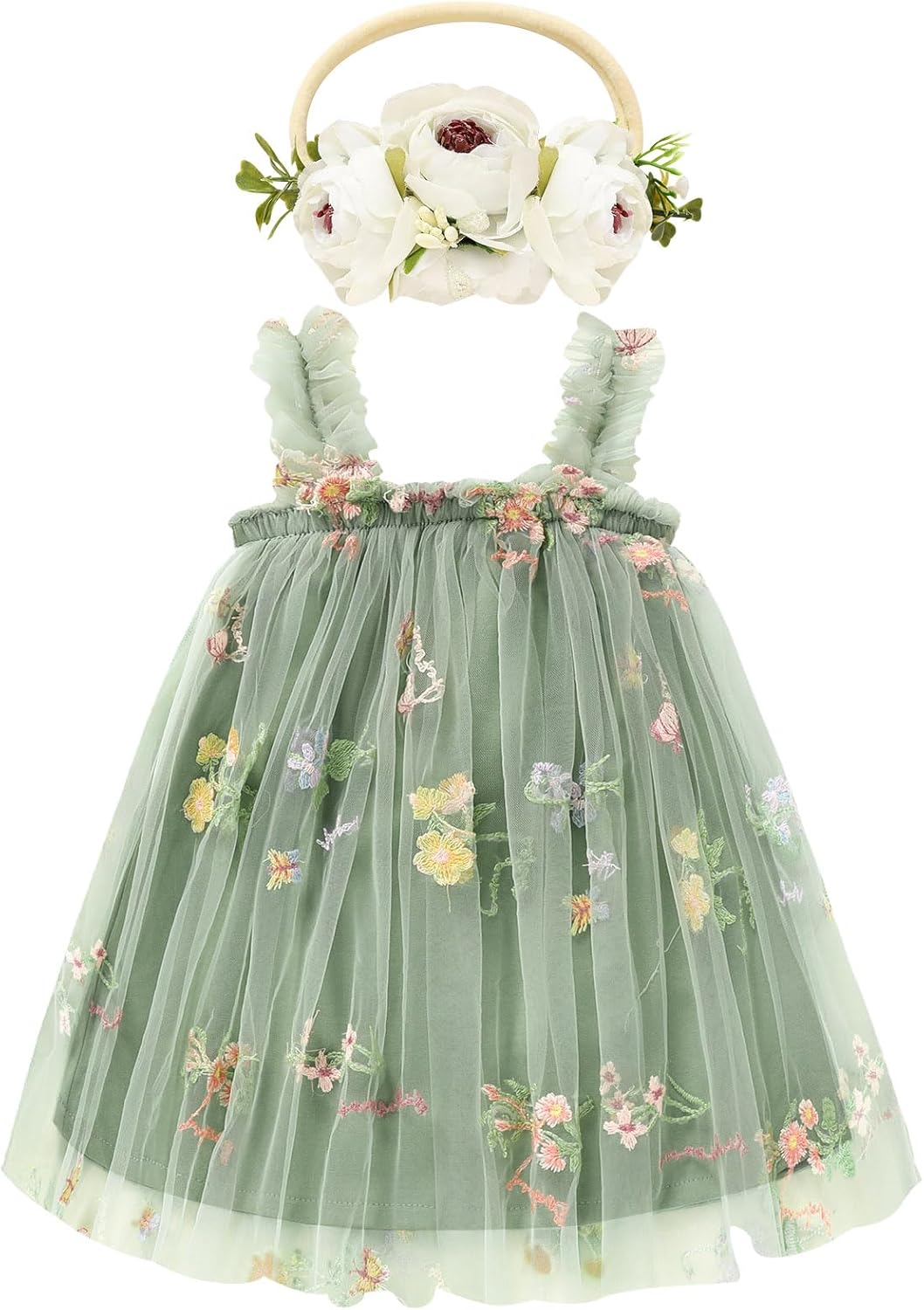 Toddler Baby Girl Tutu Dress Sleeveless Floral Print Tulle Dress Little Girl Princess Dresses with Flower Headband 6-12 Months Green#1