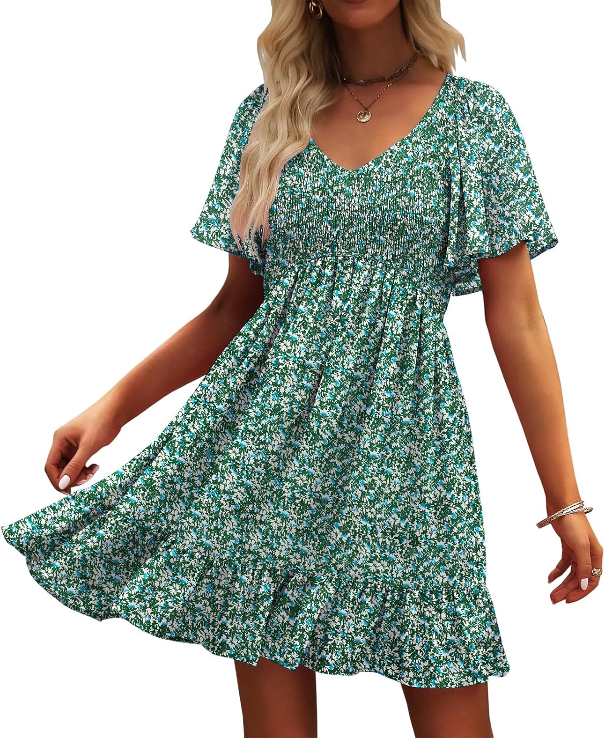 Womens Cute Floral Smocked V Neck Flutter Sleeve Sundress with Pockets Casual Spring Summer Dresses for Women 2025 Large Green Floral