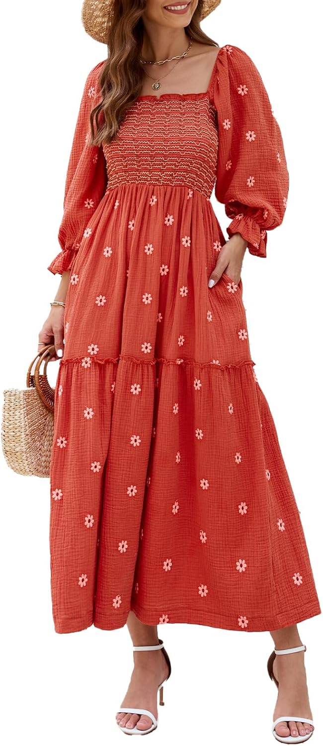 Women Floral Embroidered Maxi Dress Long Puff Sleeve Square Neck Bohemian Flowy Dress with Pockets Summer Fall Small Brown