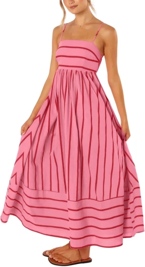 Women's Striped Back Smocked Maxi Dress Sexy Spaghetti Strap Cut Out Flowy Swing Long Dress Medium Watermelon Red