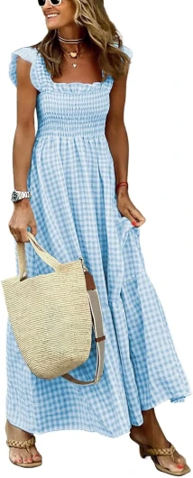 Women's Retro Plaid Smocked Dress Spaghetti Strap Flounce Long Dress Medium Sky Blue