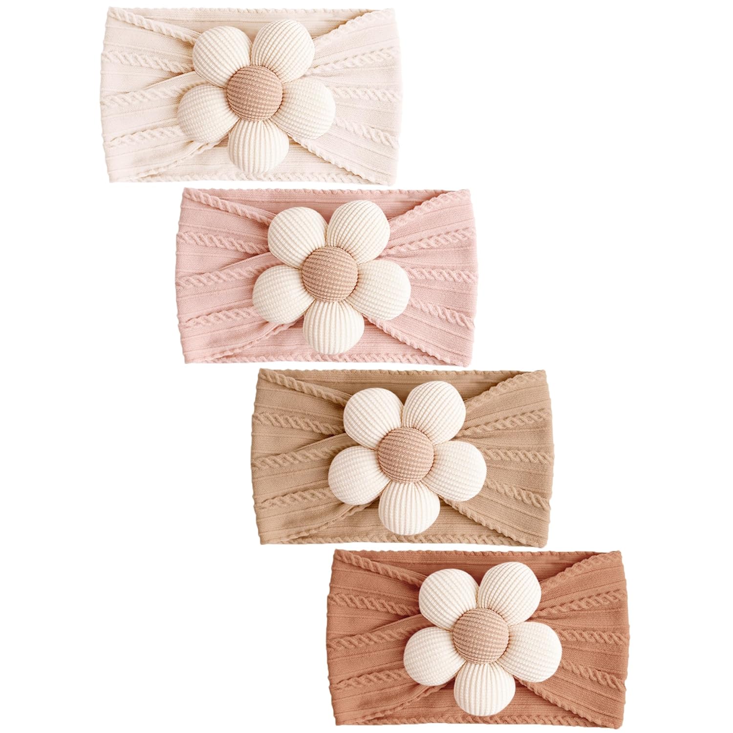 Baby Girl Bows Headbands, Handmade Soft Stretchy Nylon Hair Bands with Adorable Flower Bows for Newborn, Infant & Toddler – 4 Pack Baby Hair Accessories