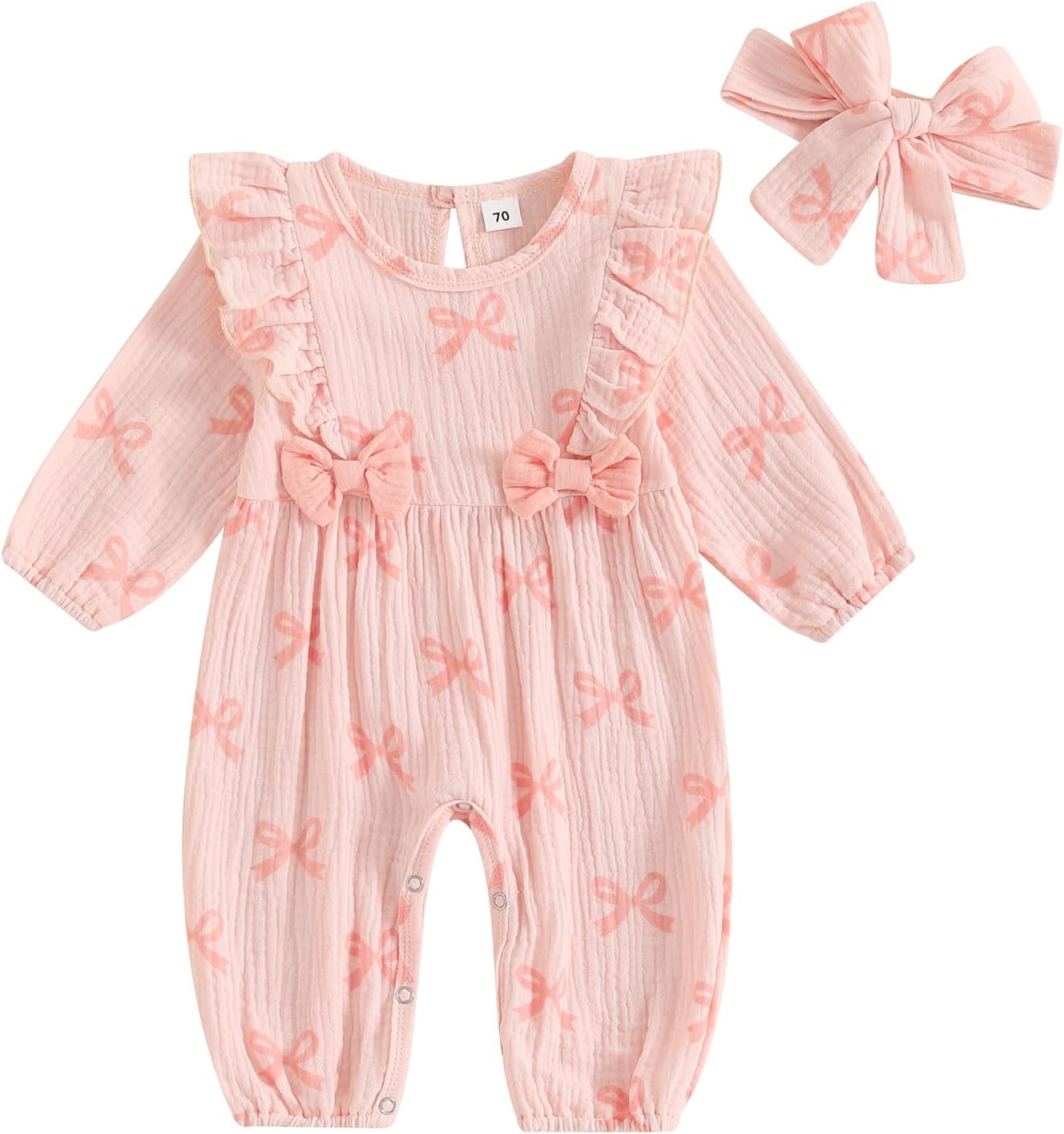 Smocked Baby Girl Clothes Cotton Linen Floral Bubble Romper Long Leg Bodysuit Frill Trim Ruffle One-Piece Jumpsuit Pink 3-6 Months