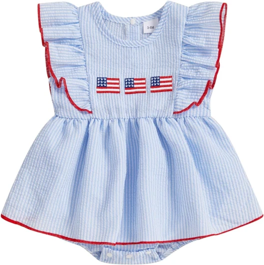 Baby Girl 4th of July Outfits Newborn Smocked Bubble Romper Bodysuit Ruffle American Flag Memorial Day Outfit Blue Flage 12-18 Months