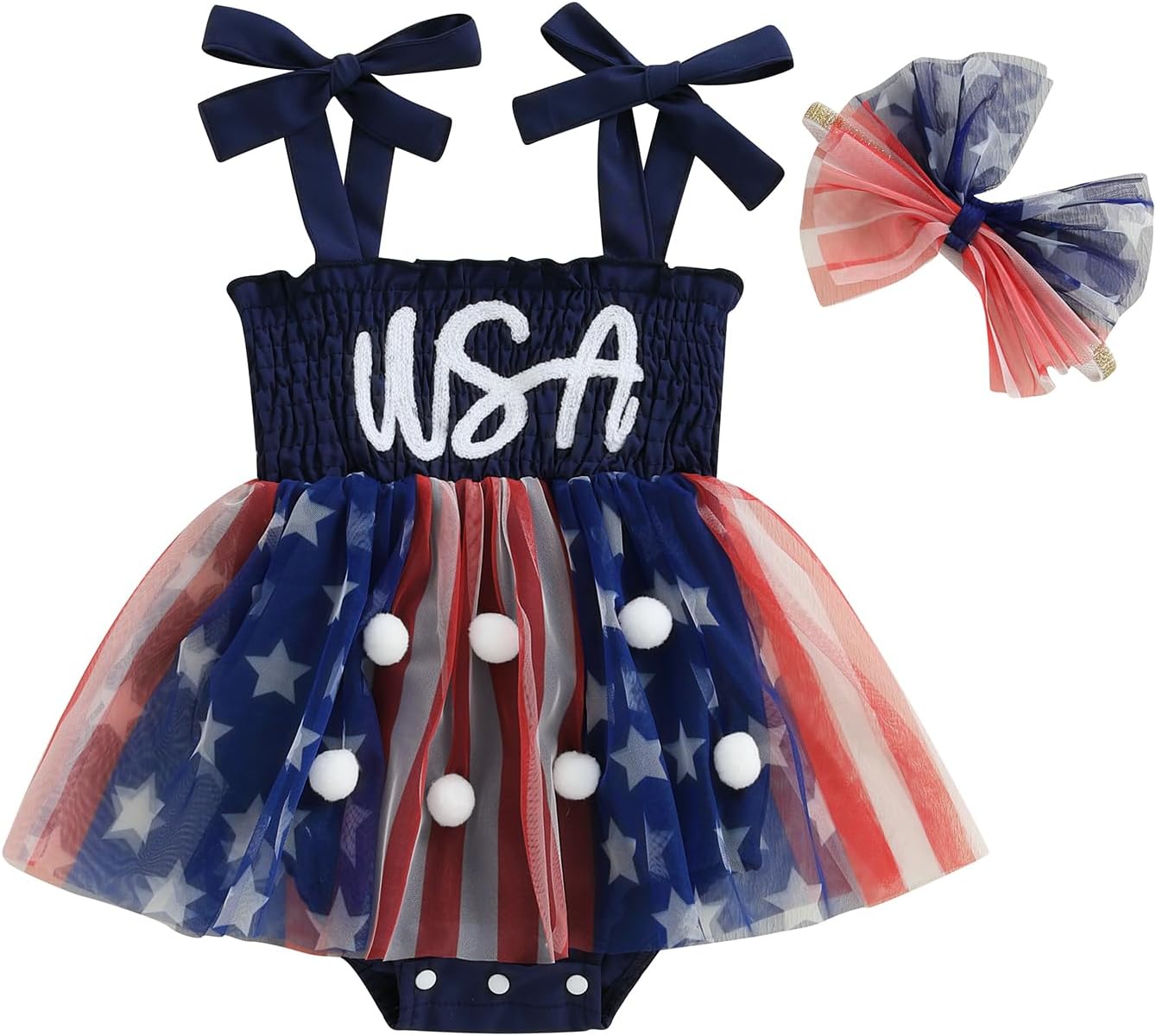 Newborn Baby Girl 4th of July Outfits Bubble Tulle Smocked Dress Romper+Headband Bodysuit Independence Day Clothes A Blue 9-12 Months