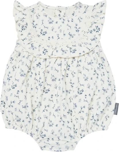 Baby Girls Ruffle Bodice Bubble Romper 6-9 Months Ivory Blue Ditsy