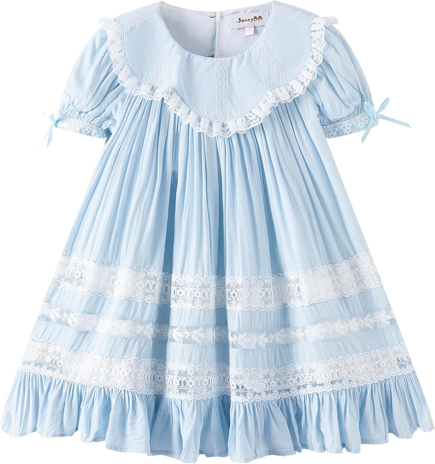 Girls Dress, Girls Gowns, Lace Heirloom Dress, Puff Sleeve, Cute Long Style for Kids Blue 2T