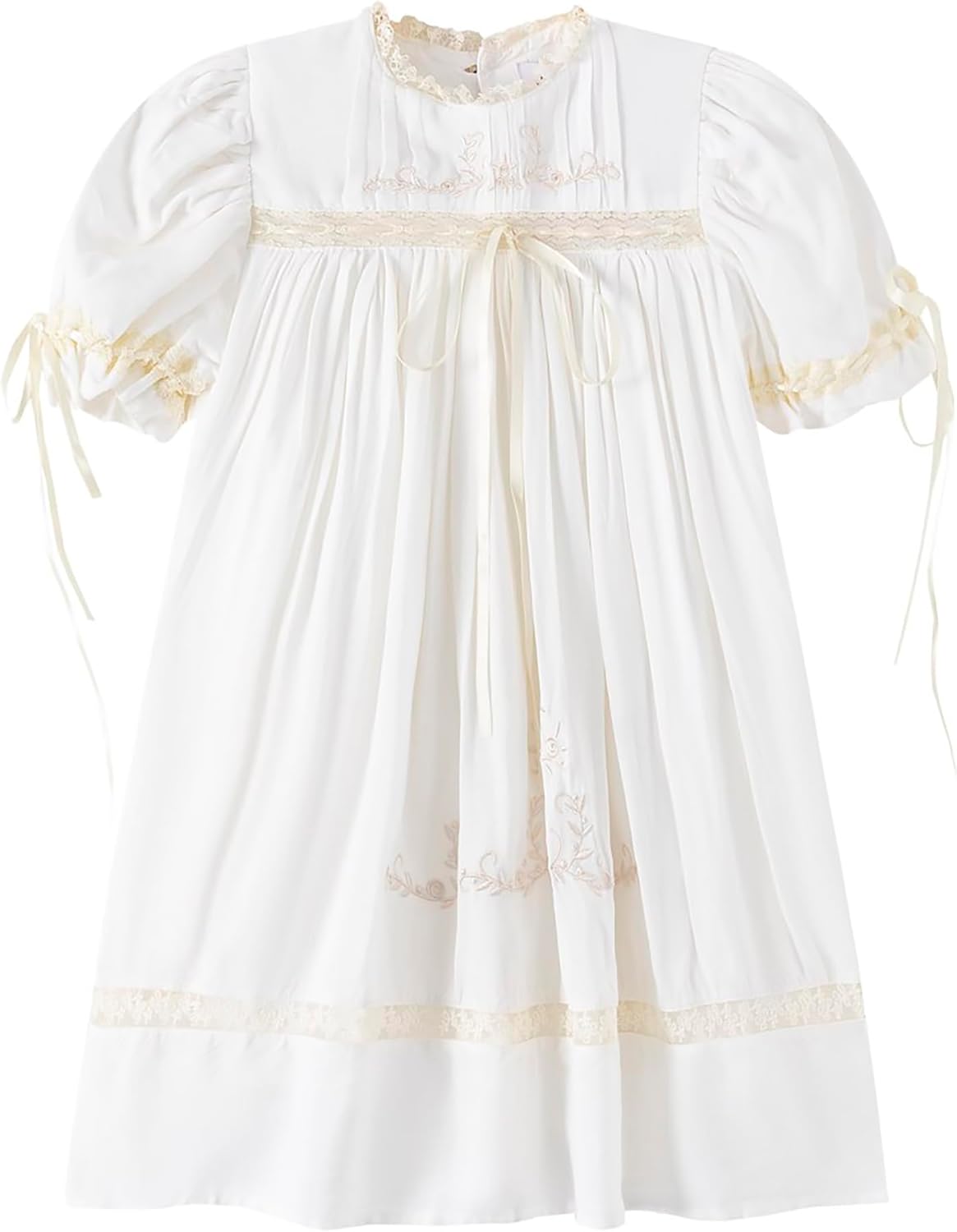 Girl Dress, Embroidered Floral Heirloom, Lace Crew Collar, Puff Sleeve, Cotton Kids Casual Clothing Beige 4T