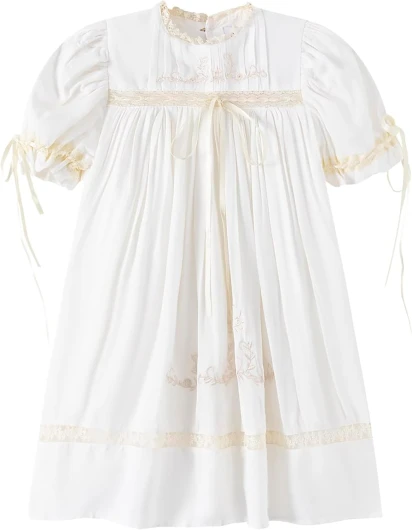 Girl Dress, Embroidered Floral Heirloom, Lace Crew Collar, Puff Sleeve, Cotton Kids Casual Clothing Beige 4T
