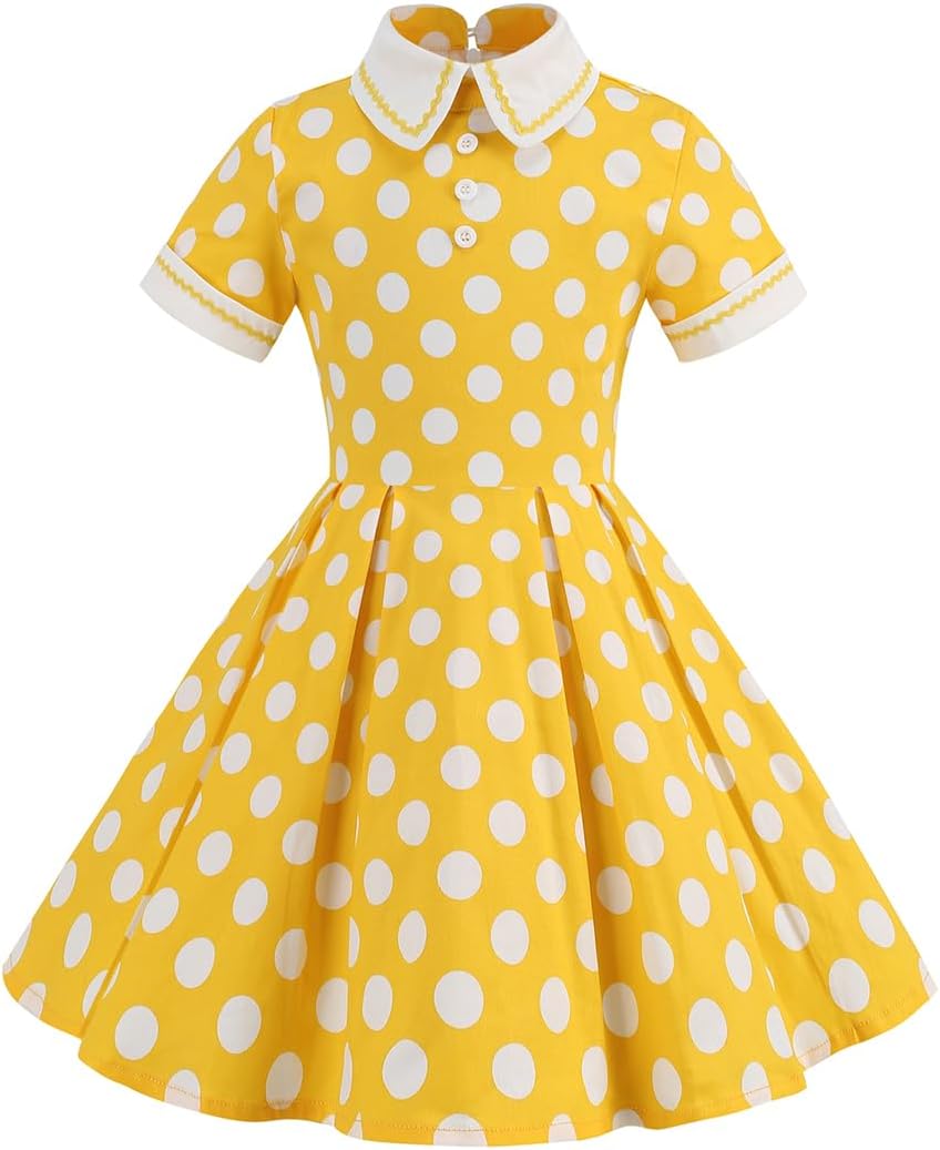 Kids Notch Lapel 50s Dress for Girls Vintage Retro 1950s Polka Dot Dress for Girls 50's Audrey Hepburn Rockabilly Swing Dress Yellow 9-10 Years