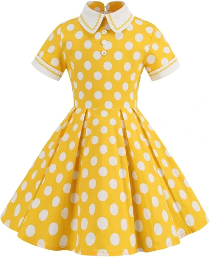 Kids Notch Lapel 50s Dress for Girls Vintage Retro 1950s Polka Dot Dress for Girls 50's Audrey Hepburn Rockabilly Swing Dress Yellow 9-10 Years
