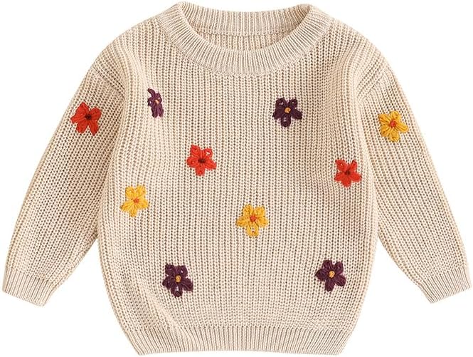 Infant Toddler Baby Girl Knit Sweater Long Sleeve Floral Embroidery Pullover Sweatshirt Warm Fall Winter Clothes 9-12 Months Cotton+polyester-beige