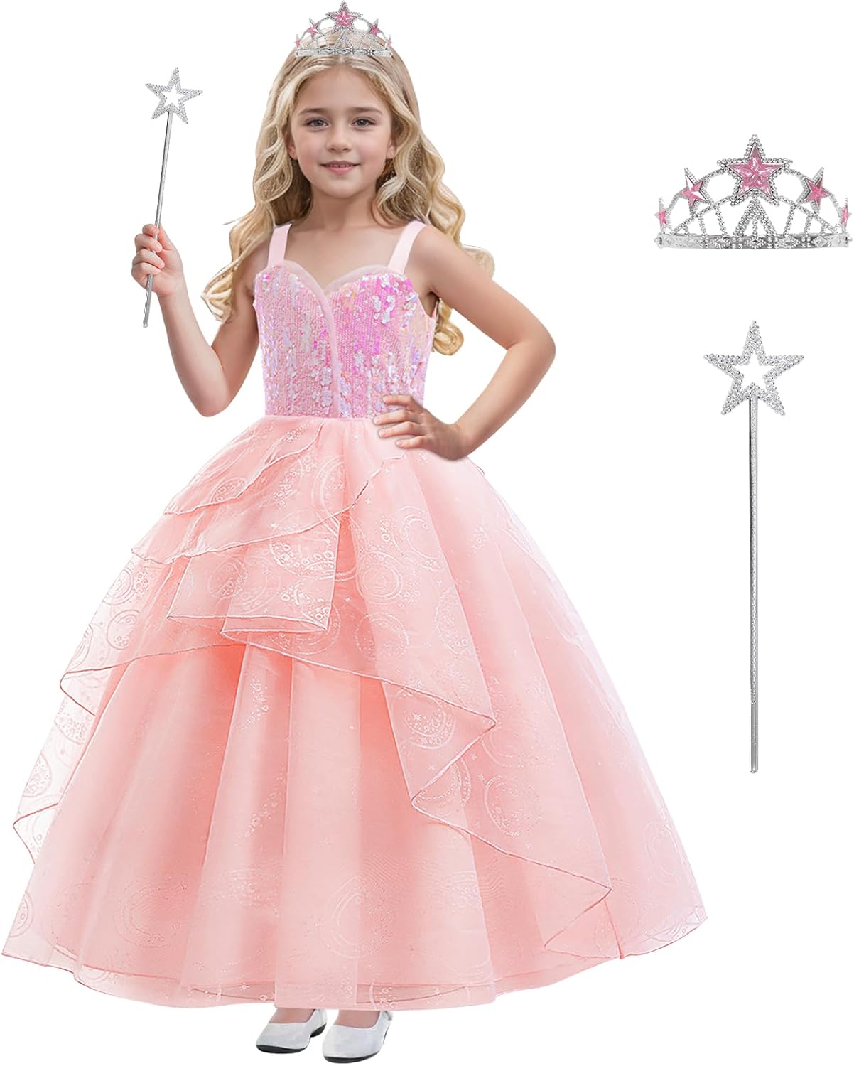 Kids Pink Witch Costume for Girls Pink Bubble Tulle Dress Princess Sequins Mesh Outfits with Crown and Wand Pink 4-5 Years