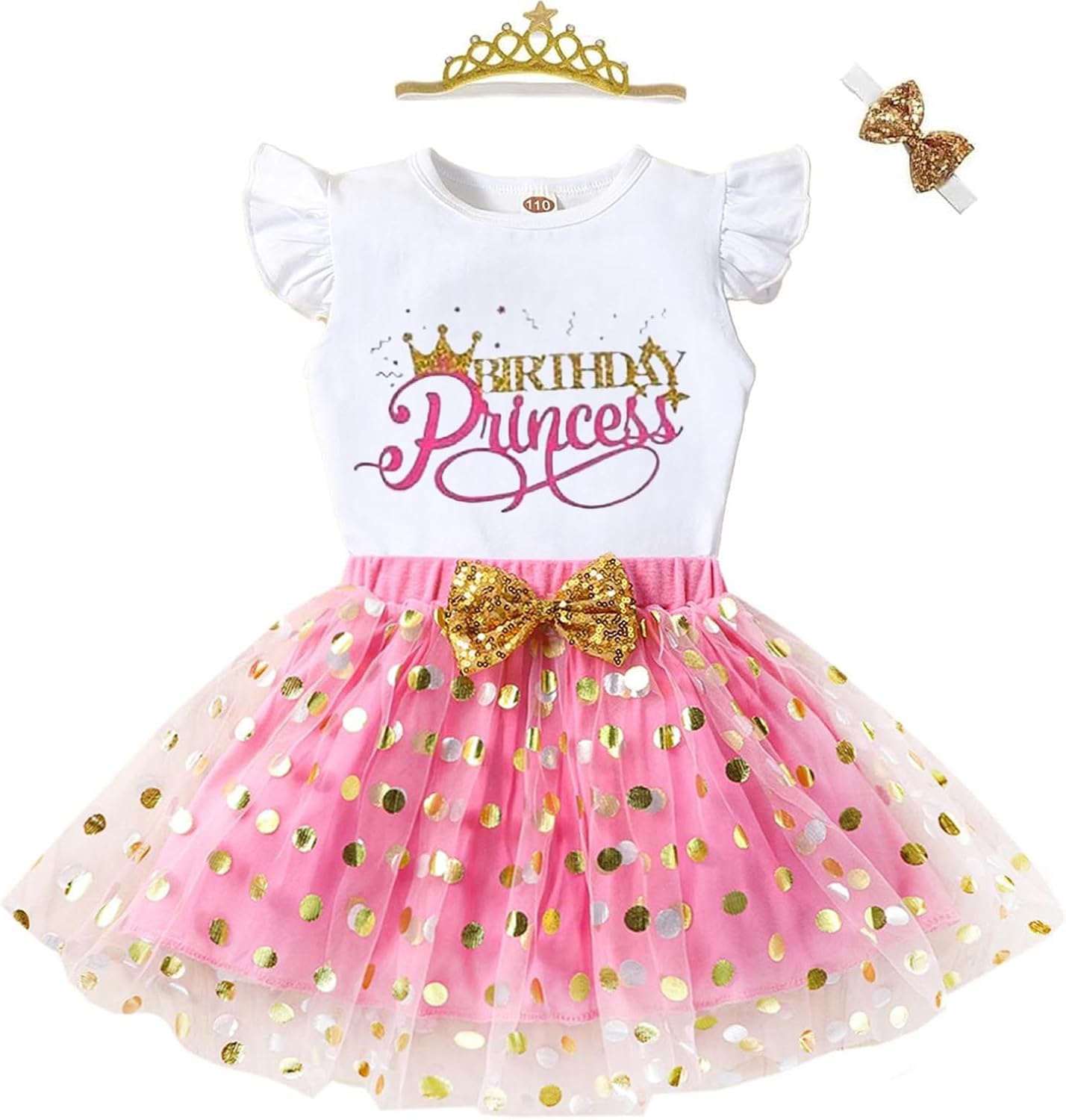 Toddler Kids Baby Girls Birthday Princess Outfits Sleeve Ruffle Shirts + Dot Bubble Tutu Skirt 2PCS Dresses 2-3T 676short