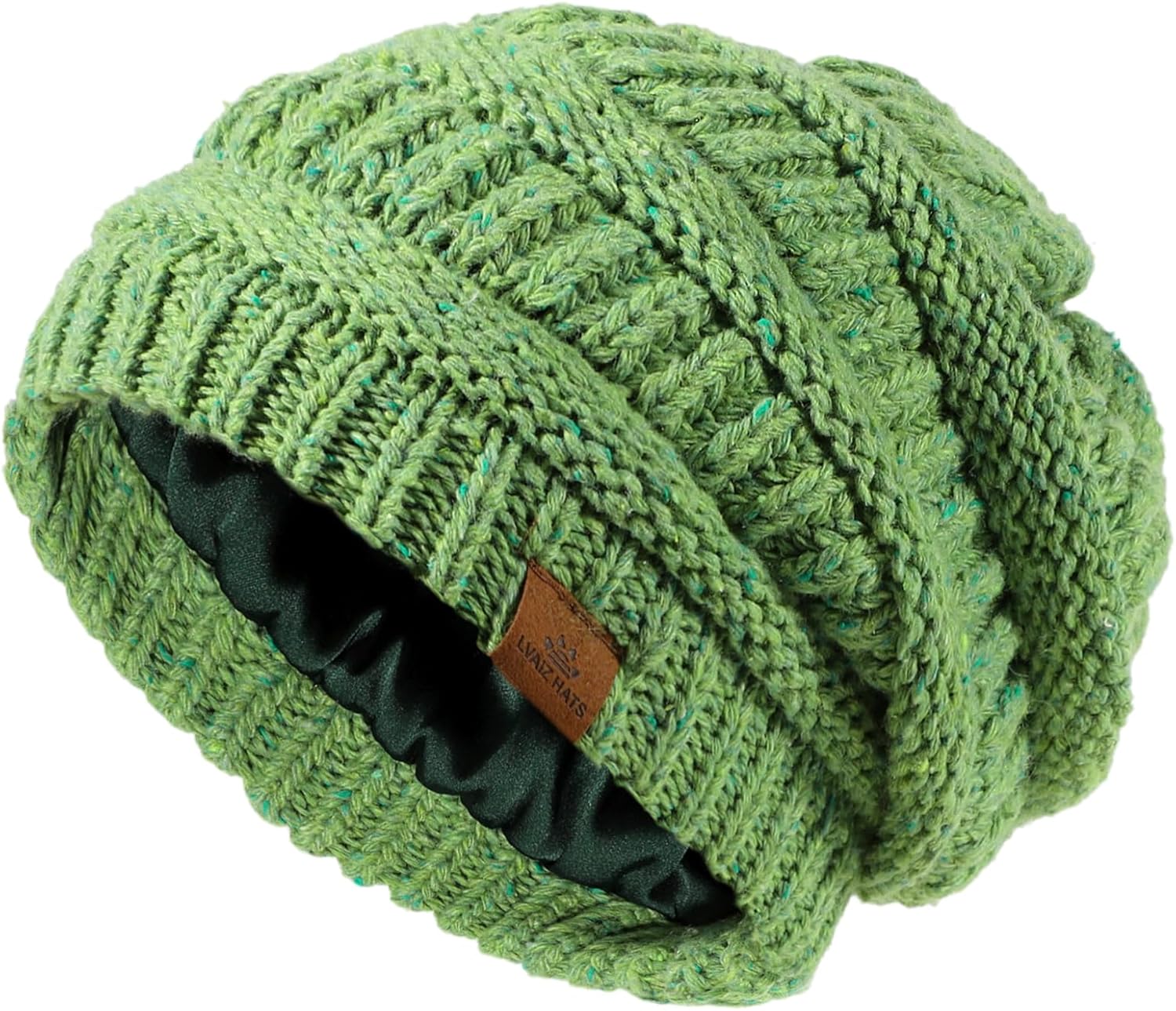 Winter Knitted Satin Lined Beanie Hats for Women Slouchy Cable Beanie Silky Soft Washed Warm Hat One Size Green