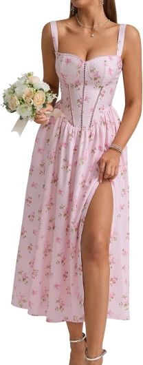 Floral Corset Midi Dress Flowy Slit Summer Spring Wedding Guest Dresses for Women Sundress with Pockets Medium Pink Floral