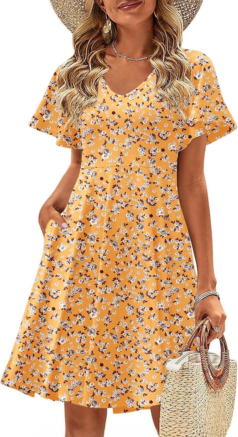 Womens Summer Dress Casual Swing Floral Ruffle Short Sleeve Sundresses Beach Mini A-line Shift Dress 2025 with Pockets Yellow Floral Large