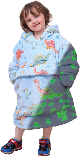 Glow in The Dark Wearable Blanket Hoodie for Kids Toddlers 2-6YR Old Gifts, Oversized Blanket Sweatshirt with Sherpa for Christmas Thanksgiving Birthday Gifts, One Size, Dinosaur Toddler (2-6YR) Dinosaur