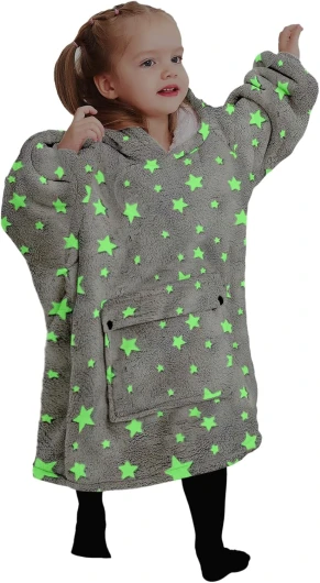 Wearable Blanket Hoodie for Kids Toddlers Sherpa Blanket Sweatshirt With Pocket Cute Hoodies 2-6 Year Old Girl Boy Birthday Gifts Glow in the Dark-grey Kids 2-6YR
