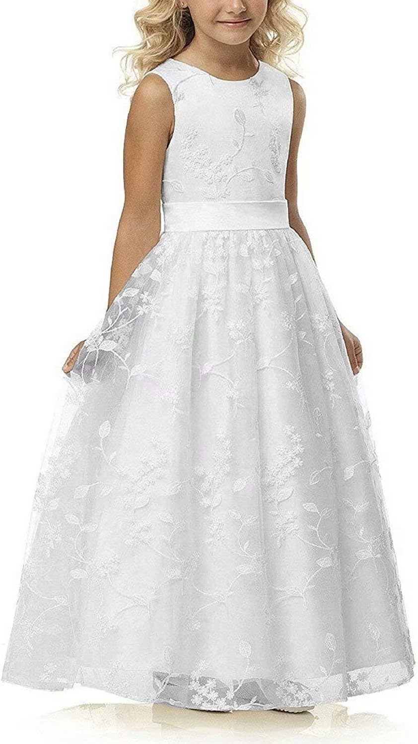 A line Wedding Pageant Lace Flower Girl Dress with Belt 2-12 Year Old 8 A-white
